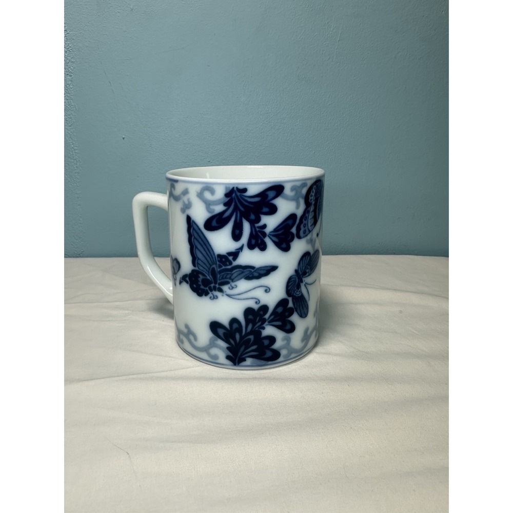 Vintage Blue and White Butterfly Mug, Made in China, Asian-Inspired Ceramic Cup